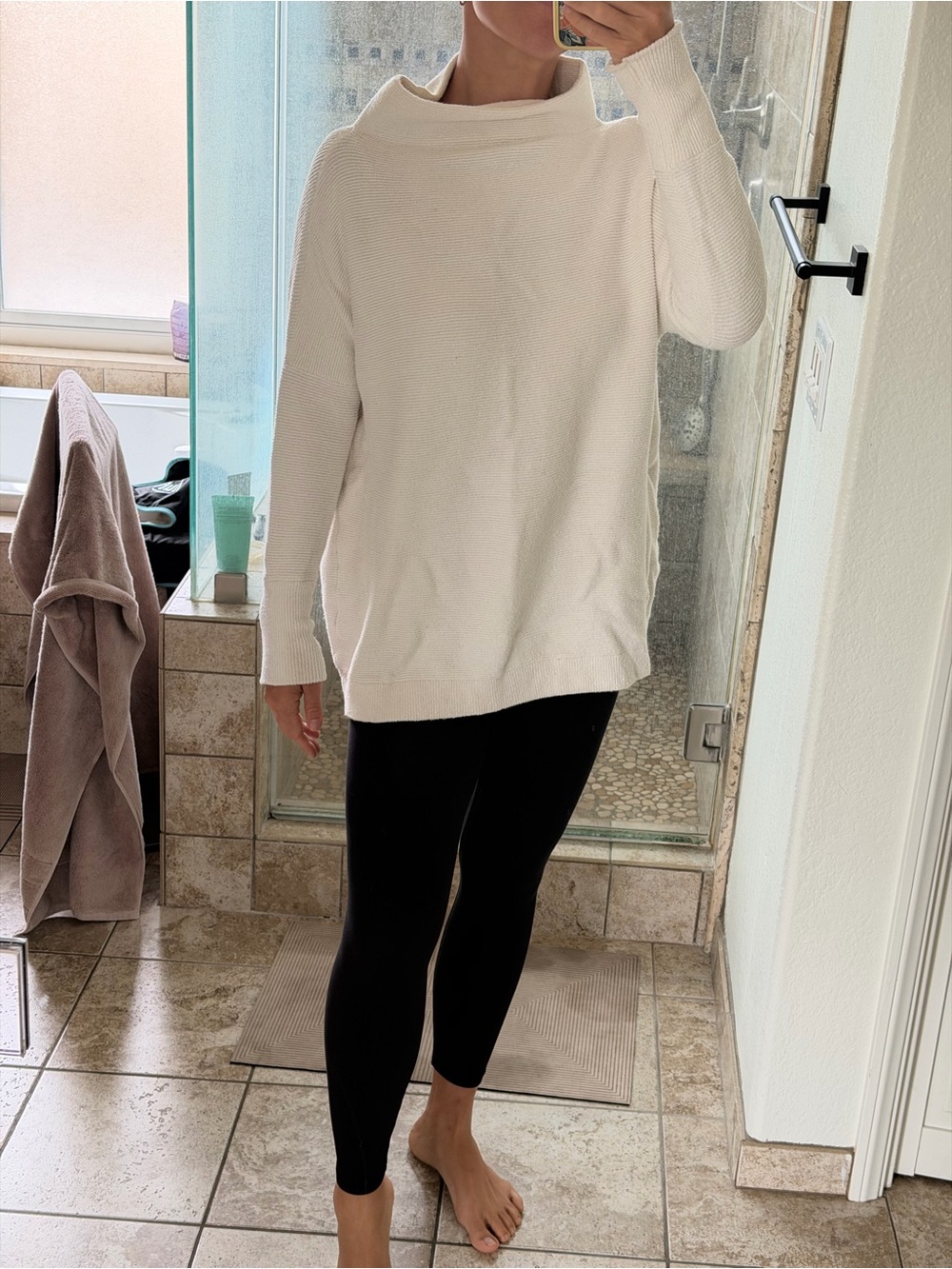 Free People Oversized Off-White Ribbed Funnel Neck Sweater